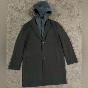 Zara Men’s Woolly Fabric Coat W/Removable Hood Olive Green SZ XXL